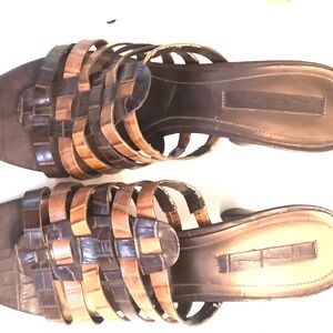 Bandolino Two-Tone Woven Slide Mules in Brown and Tan